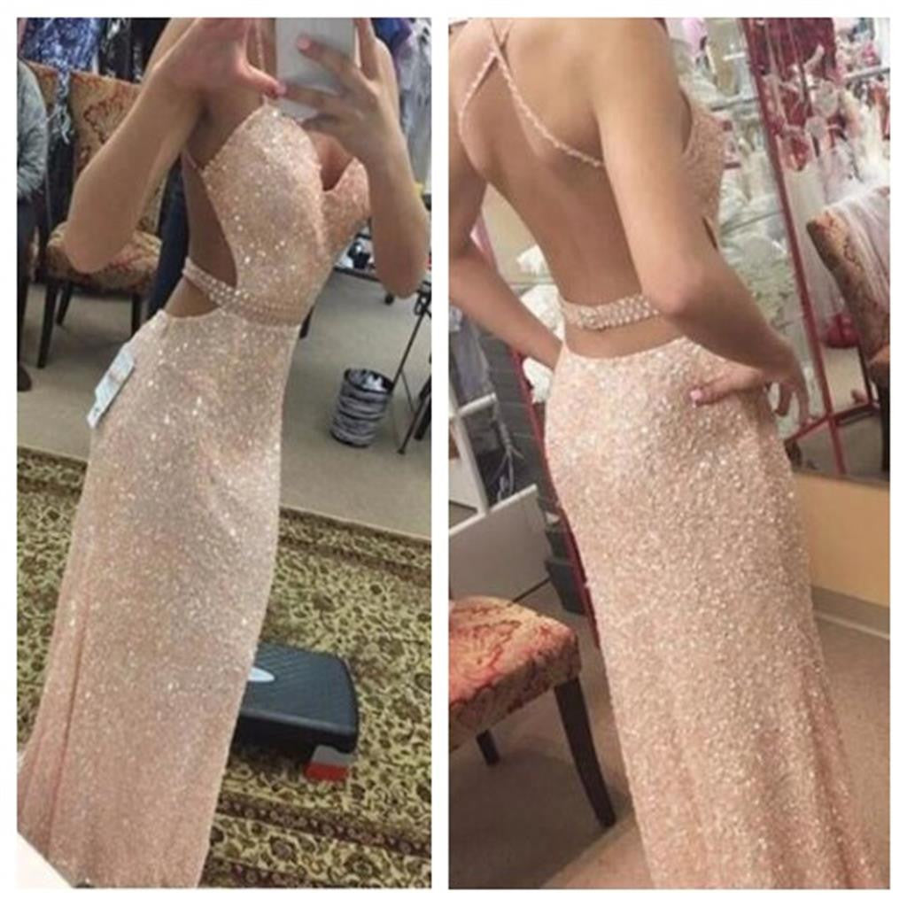 Sexy Backless Sequined Mermaid Evening Spaghetti Straps Long Prom Dress, PD0051