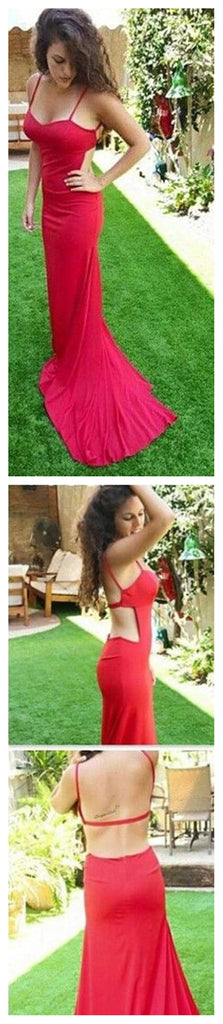 Spaghetti Straps Sexy Mermaid Open Back Unique Red Evening Long Prom Dress, PD0064