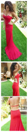 Spaghetti Straps Sexy Mermaid Open Back Unique Red Evening Long Prom Dress, PD0064
