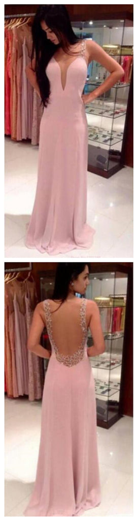 Pink Deep V-Neck Backless Long Pretty Evening Pary Affordable Maxi Prom Dresses, PD0076