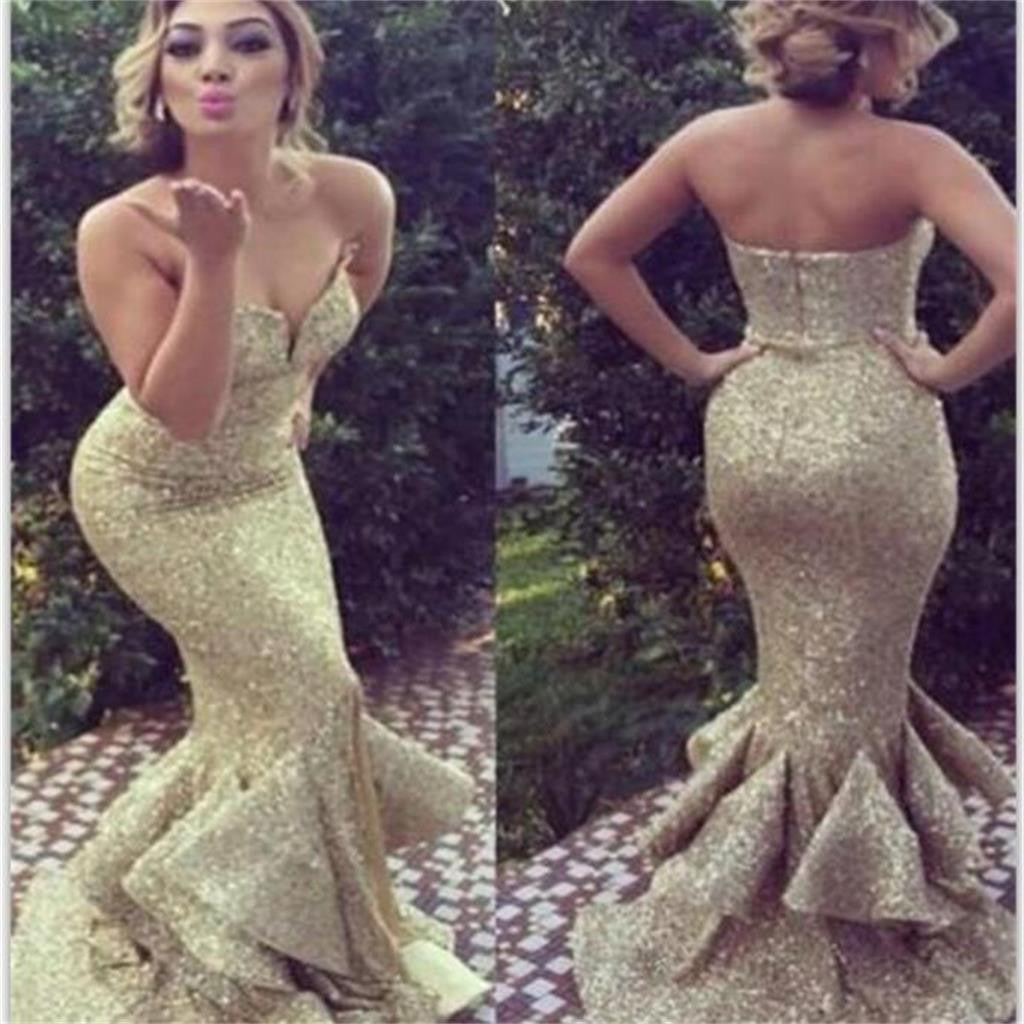 Gold Sequin Sparkle Sweetheart Long Charming Mermaid Evening Party Prom Dresses Online, PD0079 - Wish Gown