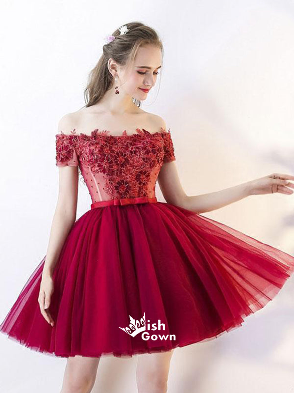 Red Off Shoulder Appliques Tulle A-line Freshman Cocktail Homecoming Prom Dress, BD00124