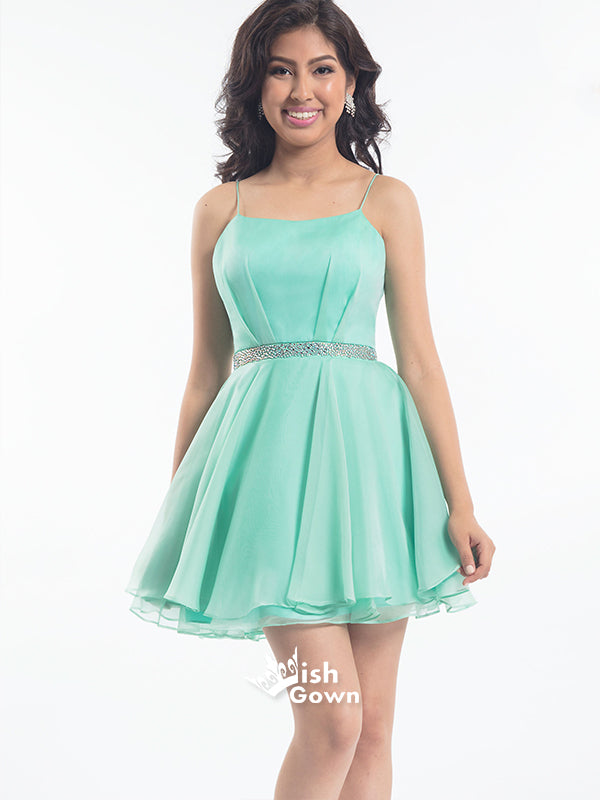 Mint Green Spaghetti Strap Beads Chiffon A-line Short Freshman Homecoming Prom Gown Dresses, BD00182