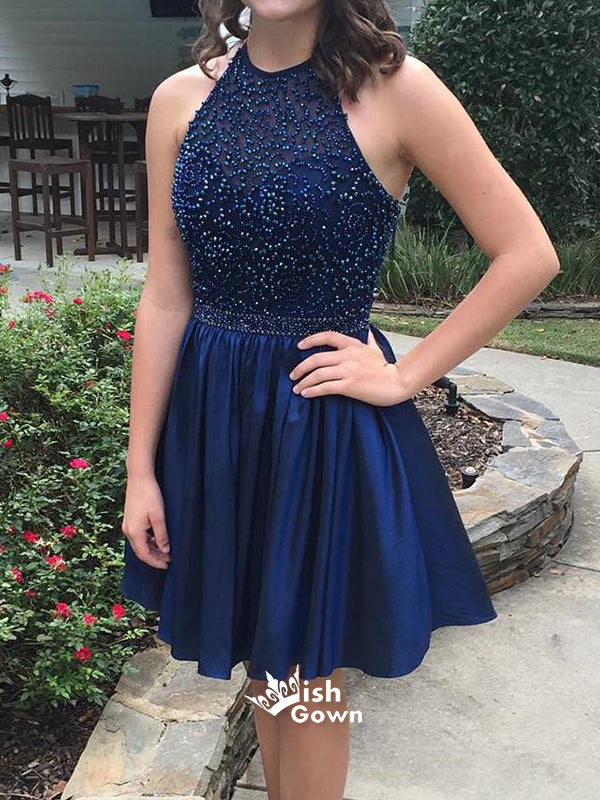 Royal Blue Beaded Halter Short Satin Homecoming Prom Dresses, BD0034