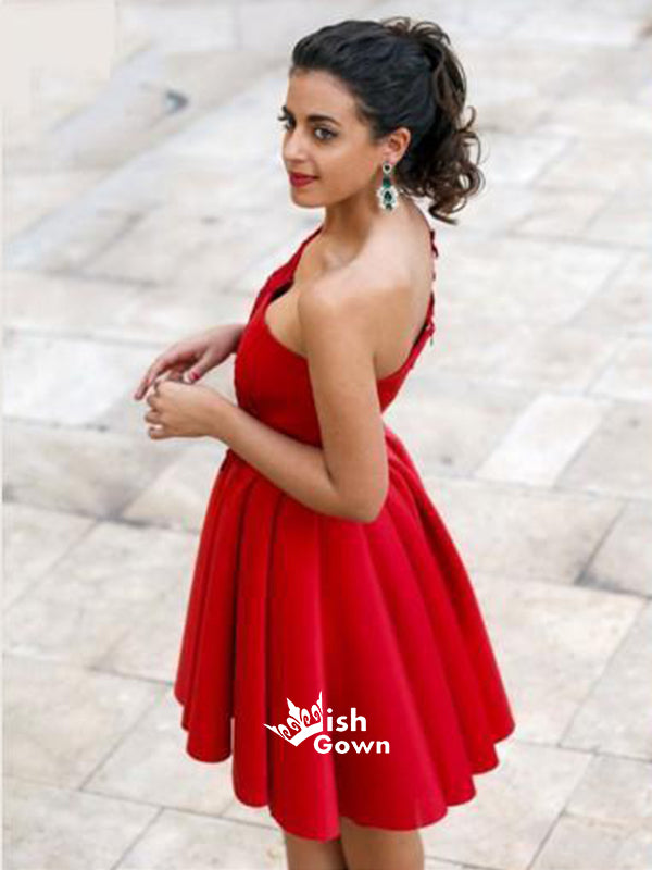 Red Satin Appliques One Shoulder Knee-length Graduation Homecoming Prom Cocktail Dress, BD0060