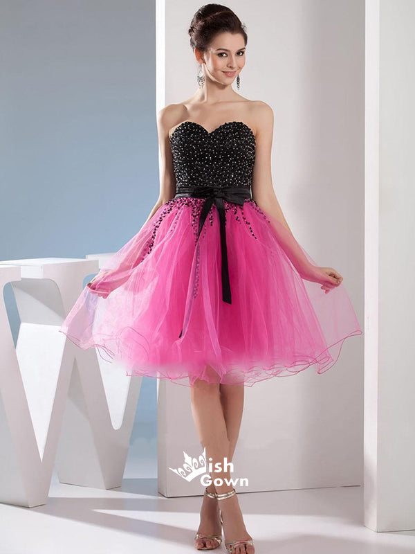 Hot Pink Organza Sequin Strapless Black Bowknot Mini Cocktail Dress Homecoming Prom Dress, BD0068