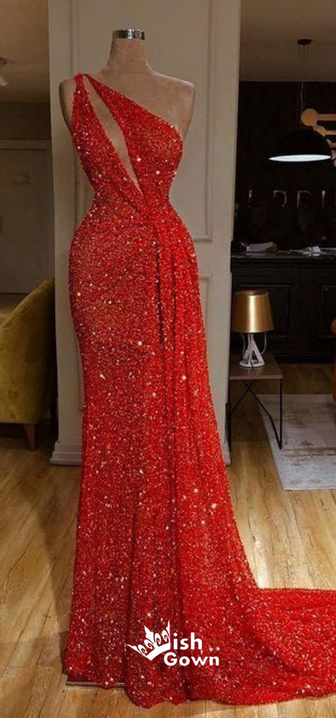 One Shoulder Red Sexy Sparkle Long Prom Dresses PG1120