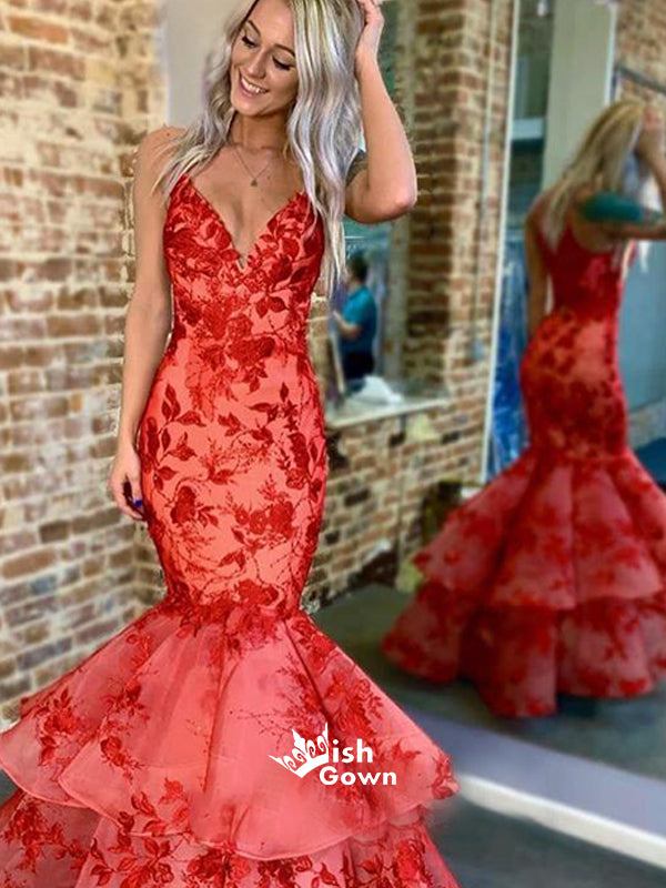 Spaghetti Strap Mermaid Applique Long Prom Dresses PG1169