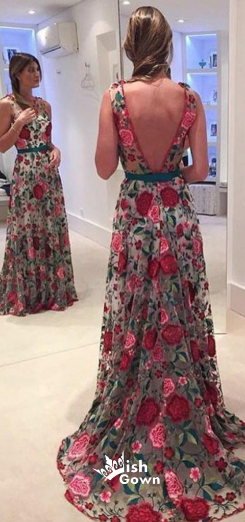 Stunning Long Sleeves Embroidery V Back Women Long Prom Dresses, WG1086