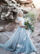 Light Blue Tulle Short Sleeves White Lace Charming Inexpensive Long Wedding Dress Prom Dresses, WG1106