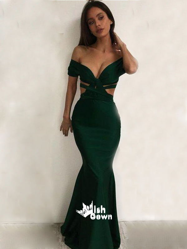 Unique Green Off Shoulder Sexy Backless Long Prom Dresses, WG580