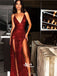 Shinning Burgundy Sequins V-neck High Slit Spaghetti Strap Backless Long Prom Dresses, WG710