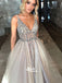 Elegant Pale Grey A-line Tulle V-neck Beaded Top Sexy Popular Long Prom Dresses, WG777