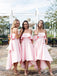 Pink White Bowknot Strapless A-line Short Front Long Back Wedding Party Bridesmaid Dresses, WGM029