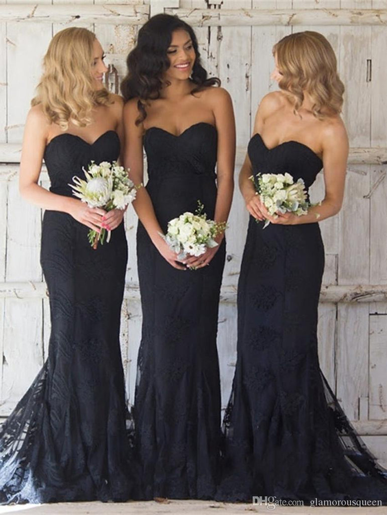 Elegant Black Strapless Sweetheart Mermaid Tulle Lace Long Wedding Bridesmaid Dresses, WGM036