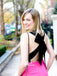 Black and Peach Pink Colour Block Bow Back Satin Tea-length Homecoming Prom Dress, WGP059