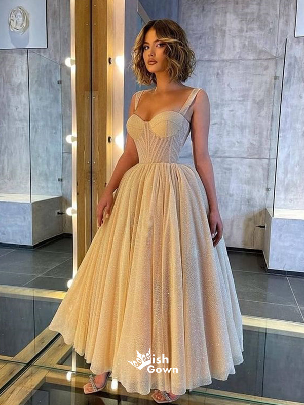 Court Style Sweetheart Tulle Straps Sequins A-line Ankle-length Evening Gowns Prom Dresses, WGP208