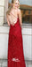 Red Sequins Spaghetti Straps Slits Tassels Backless Sheath Long Prom Dresses Party Gowns, WGP213