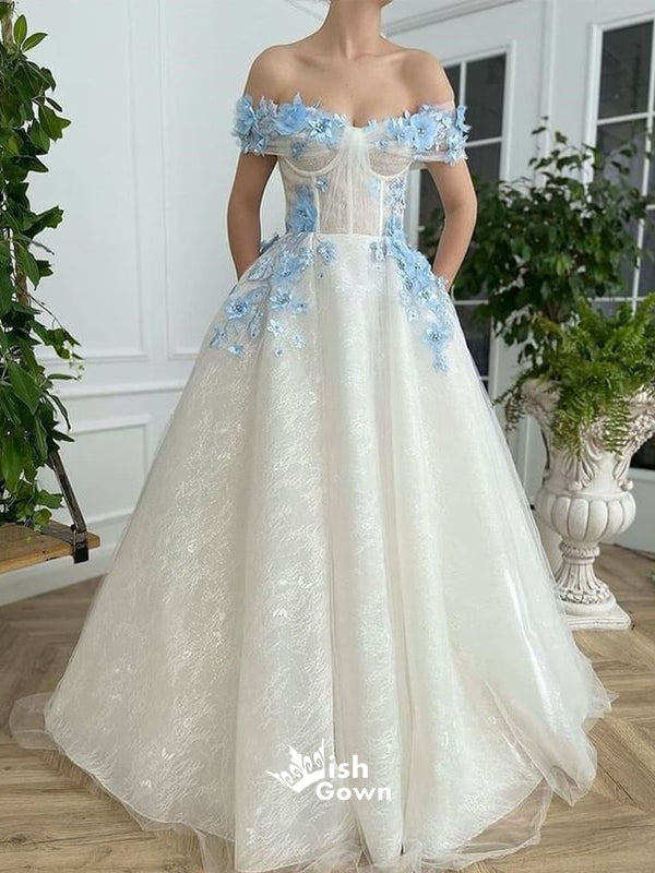 Off Shoulder Blue Handmade Flowers A-line Evening Gowns Prom Dresses, WGP226