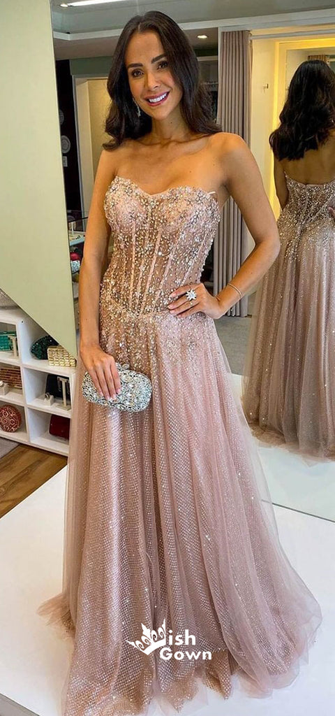 Blush Sweetheart Strapless Rhinestone Beads A-line Tulle Evening Gowns Prom Dresses, WGP229