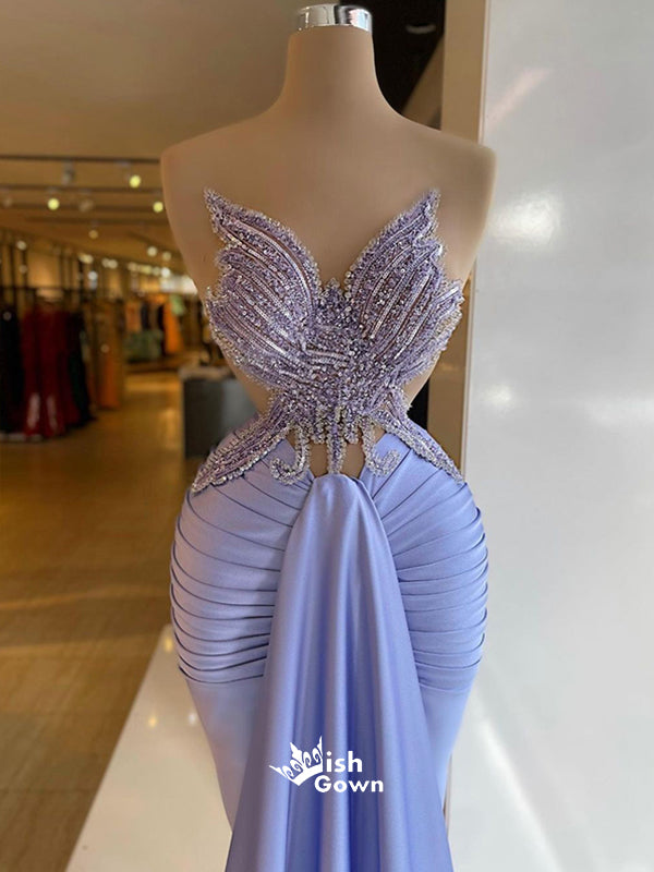 Gorgeous Rhinestones Beads Strapless Backless Mermaid Pleating Soft Satin Evening Gowns Prom Dresses, WGP236