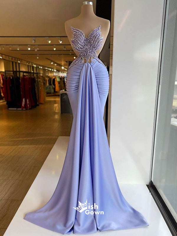 Gorgeous Rhinestones Beads Strapless Backless Mermaid Pleating Soft Satin Evening Gowns Prom Dresses, WGP236