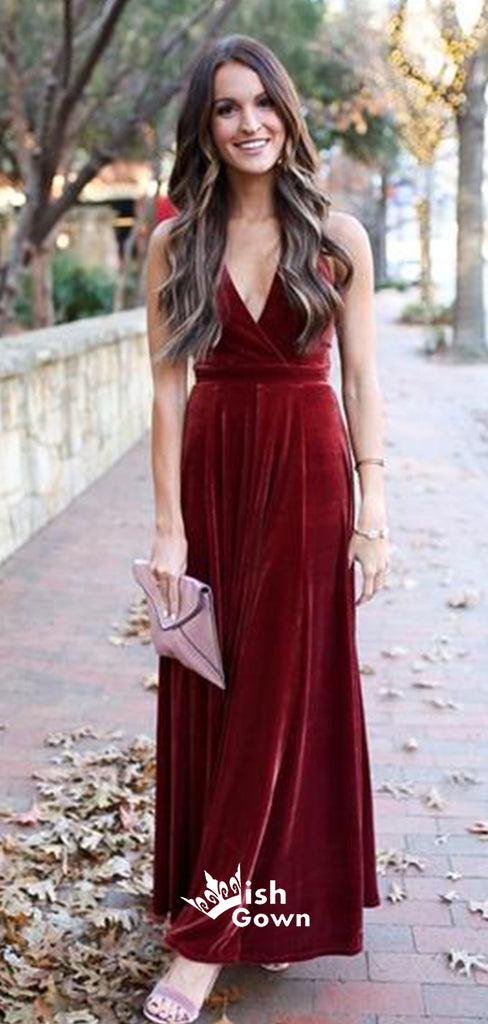 Elegant Burgundy V-neck Velvet Long Wedding Guest Dresses Bridesmaid Dresses, YPS155