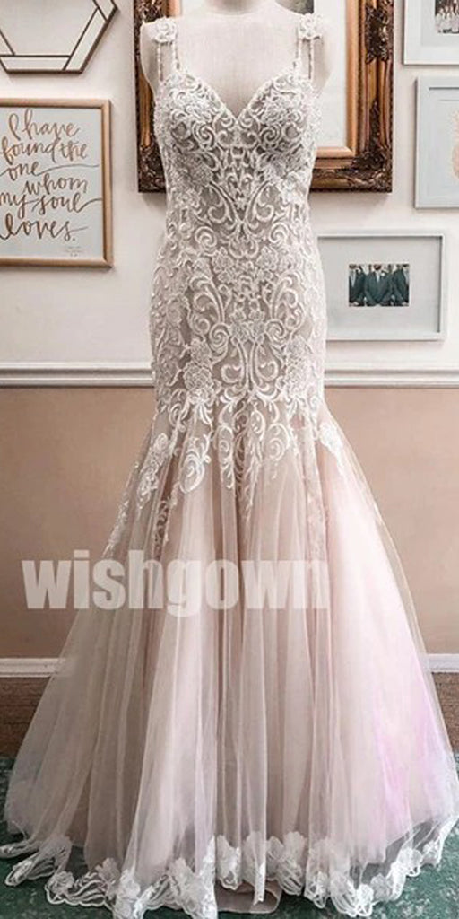 Gorgeous Spaghetti Strap Mermaid Tulle Long Wedding Dresses WDH015