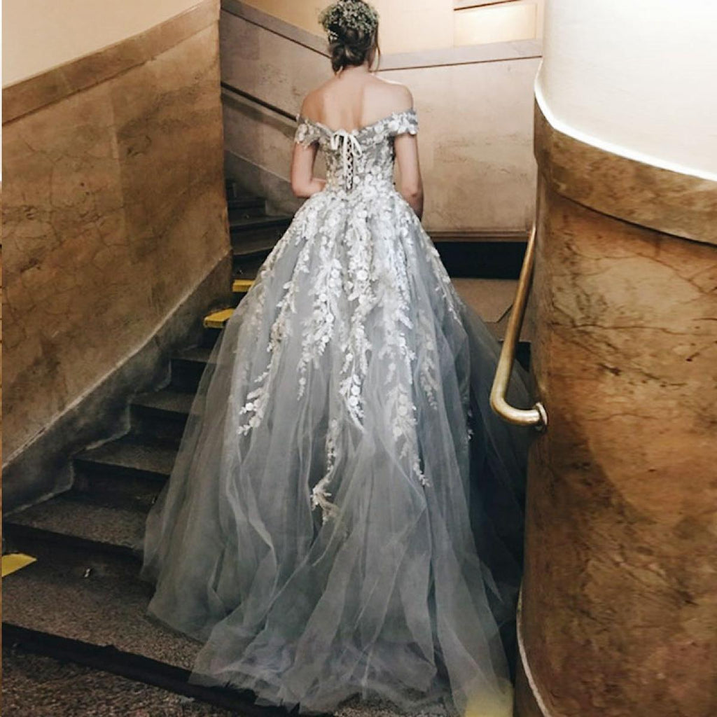 Off the Shoulder Tulle Applique Charming Cheap Long Evening Prom Dress, WG1124