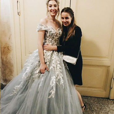Off the Shoulder Tulle Applique Charming Cheap Long Evening Prom Dress, WG1124