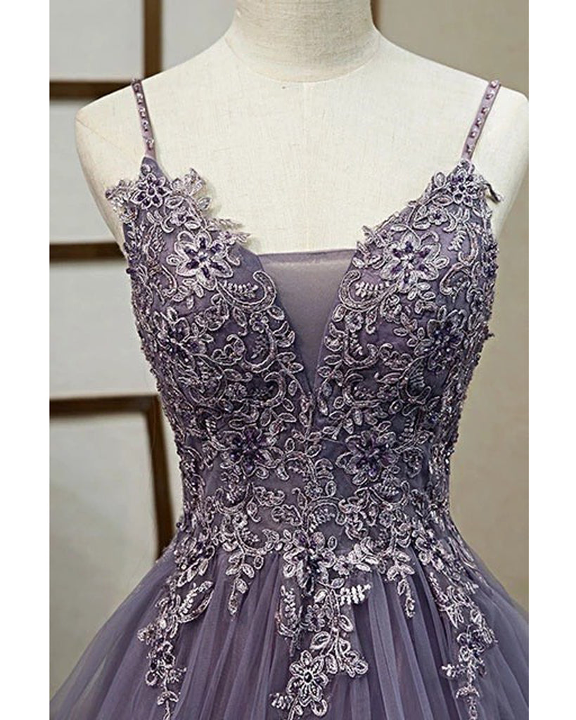 Popular Purple Spaghetti Strap Organza Long Prom Dresses PG1181