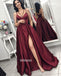 Sexy V-neck Burgundy Split Side Long Prom Dresses PG1189