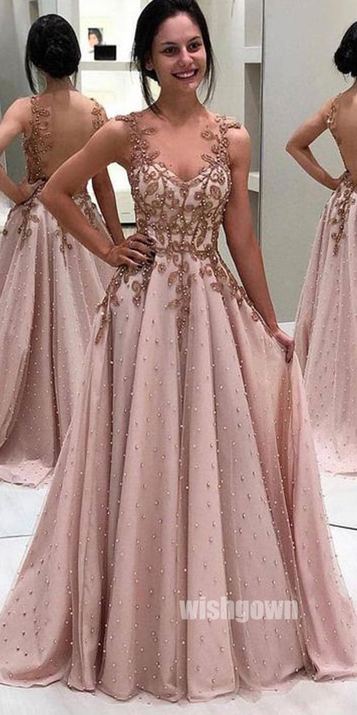 Chaming Pink Open-back Beading Long Prom Dresses PG1196