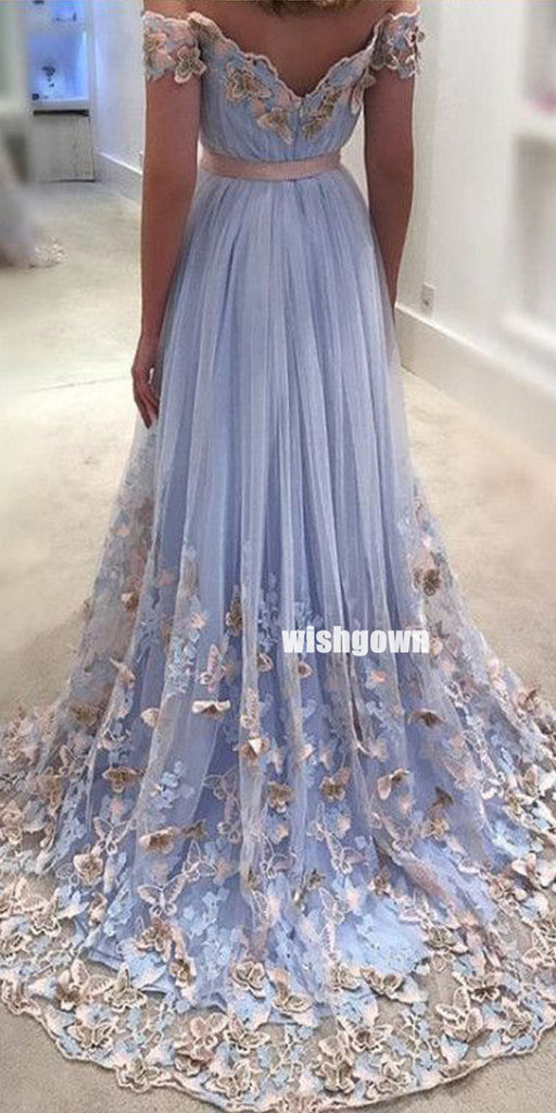 Elegant Off Shoulder Applique Tulle Prom Dresses PG1217