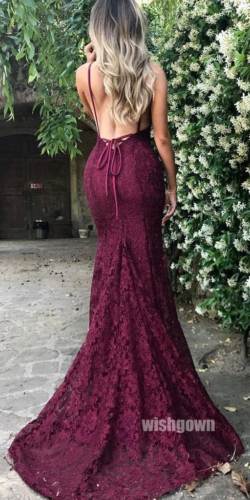 Sexy Burgundy V-neck Mermaid Lace Prom Dresses PG1243