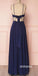 Elegant V-neck Navy Blue Backless Long Prom Dresses, PG1249