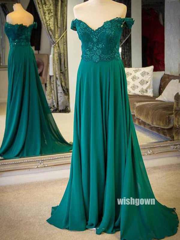 Elegant Dark Green Off Shoulder Lace Long Prom Dresses, PG1251