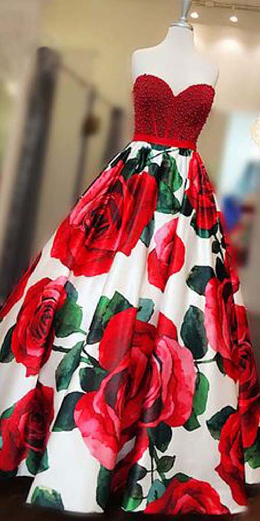 Sleeveless Beaded Red Flowers Sweetheart Long Prom Dresses, SG131