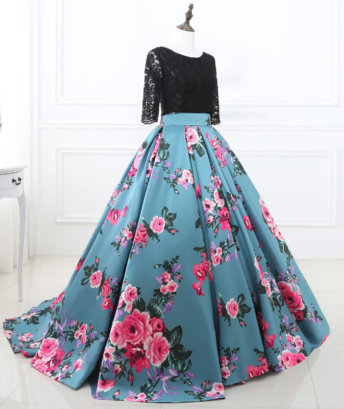 Half Sleeves Black Lace Satin Flowers Long Prom Dresses, SG132