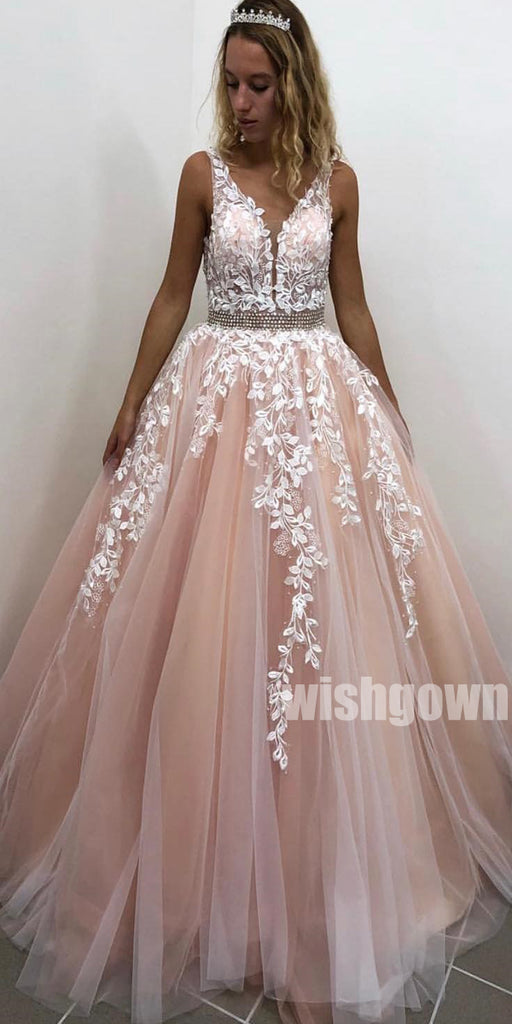 Popular A-line Applique Tulle Long Prom Dresses PG1123