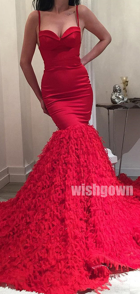 Red Spaghetti Strap Mermaid Sweetheart Long Prom Dresses PG1145