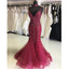 Burgundy Mermaid Sexy Beaded Cheap Long Evening Prom Dresses, WG1019