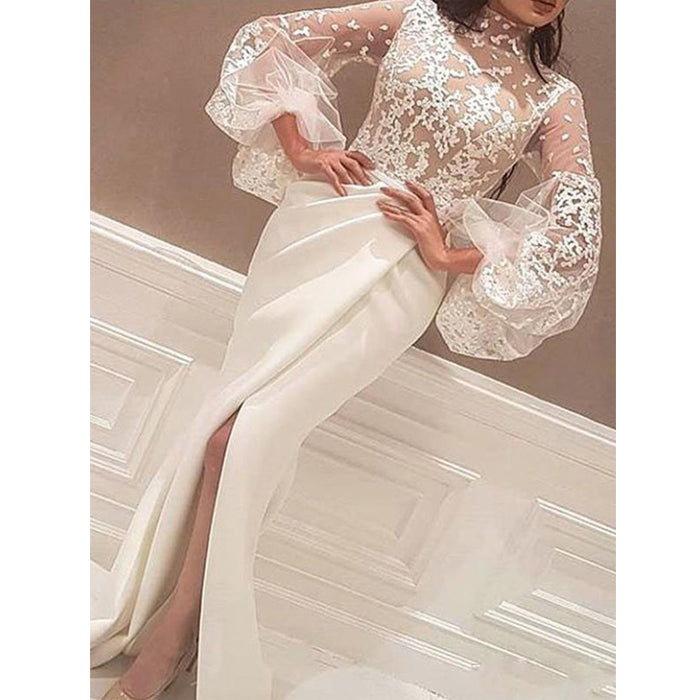 Long Sleeves High Neck Side Slit Ivory Mermaid Prom Dresses, SG143