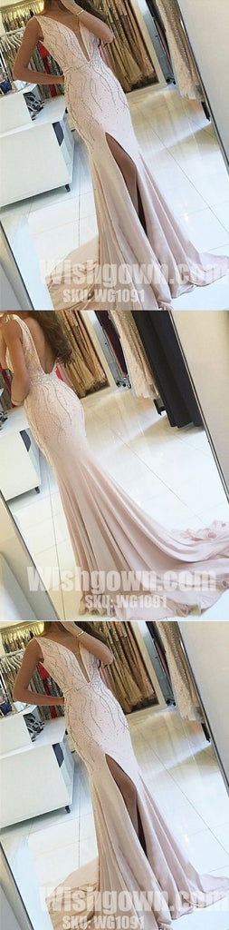 Sexy Mermaid Cheap Side Split Backless Deep V Neck Long Prom Dresses, WG1091