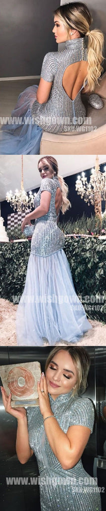 Short Sleeves Heavy Beaded Mermaid Luxurious Open Back Long Prom Dresses, WG1102