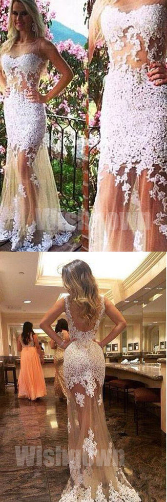 Popular Seen Through Sexy Mermaid Backless Cheap Lace Long Prom Dresses, WG1070