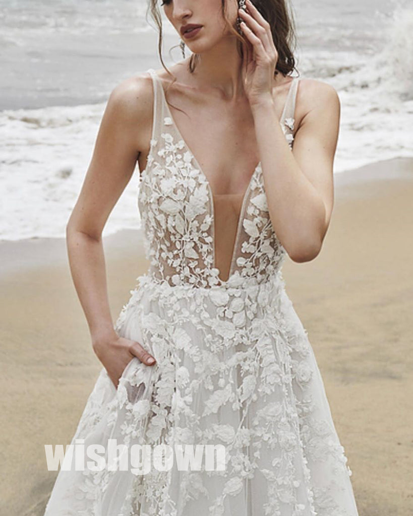 Elegant V-neck Floral Prints Applique Lace Bridal Dresses WDH027