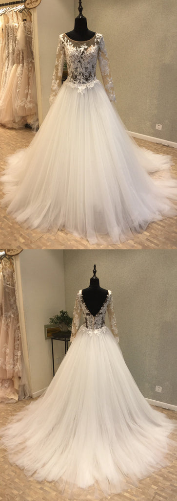 Long Sleeves Popular Applique Tulle Long Cheap Bridal Wedding Dress, WG696