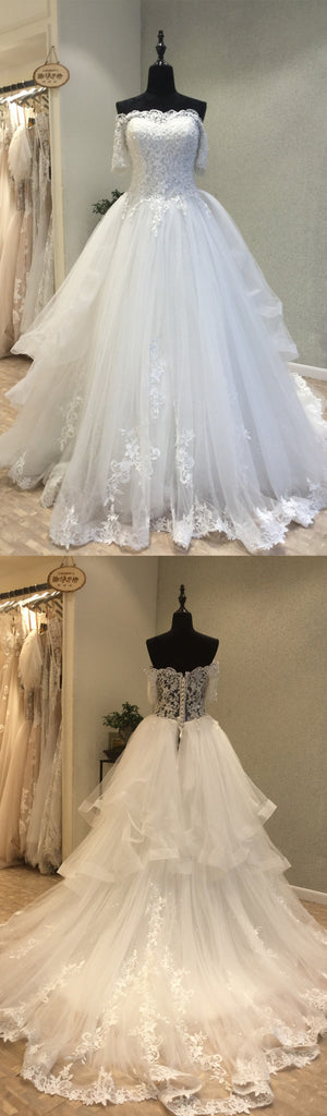 Off the Shoulder Charming Applique Tulle Long Wedding Dresses, WG1229