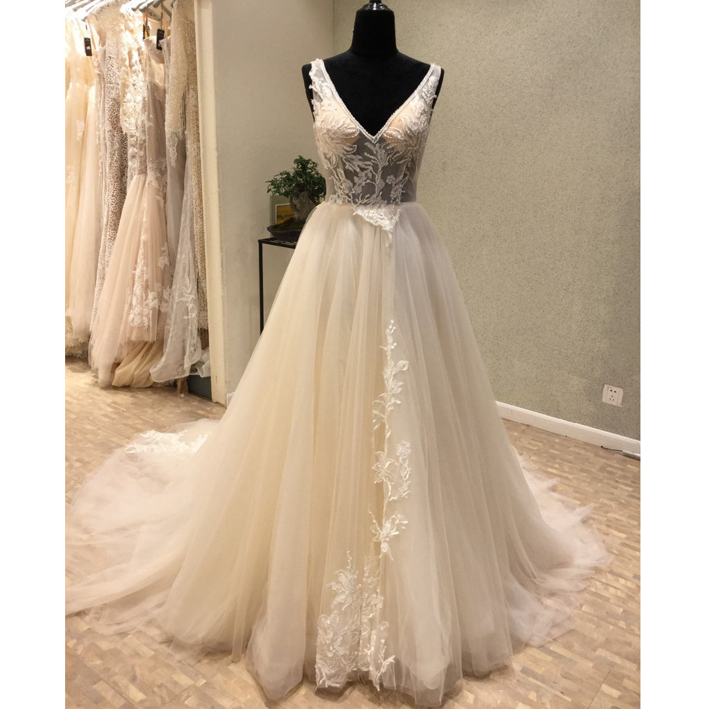 Charming V Neck Tulle Applique V Back Long Wedding Dress for Brides, WG1207 - Wish Gown